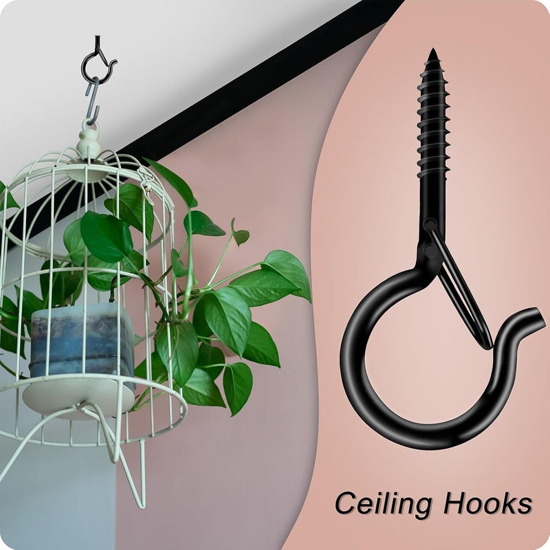 KULOLO Black Screw Hooks with Safety Lock - 2.3" Rustproof Metal Ceiling Hooks for Hanging Plants, Baskets,String Lights & Outdoor Decor, 40LB Capacity (20 Pack,Includes Storage Case & Plastic Caps) - Image 2